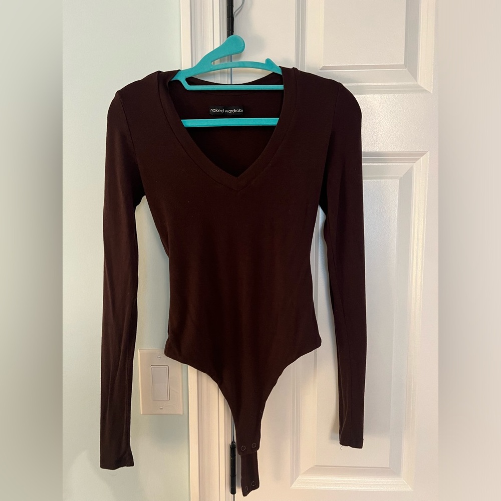 Naked Wardrobe Deep V-Neck Dark Brown Bodysuit